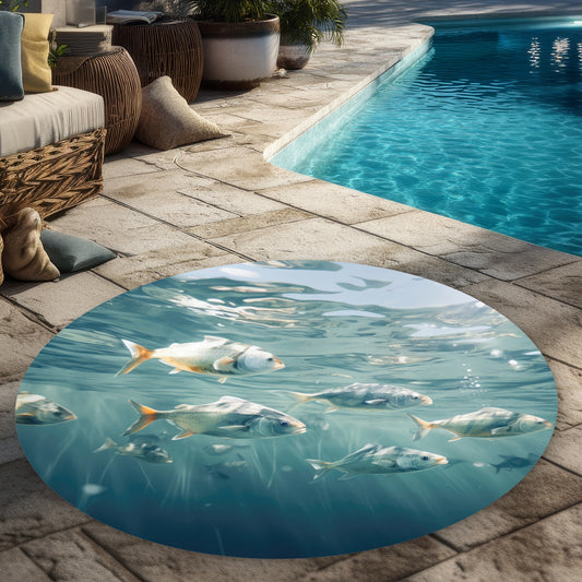 Swimming peacefully Blue 5' Round Outdoor Rug | Home Decor