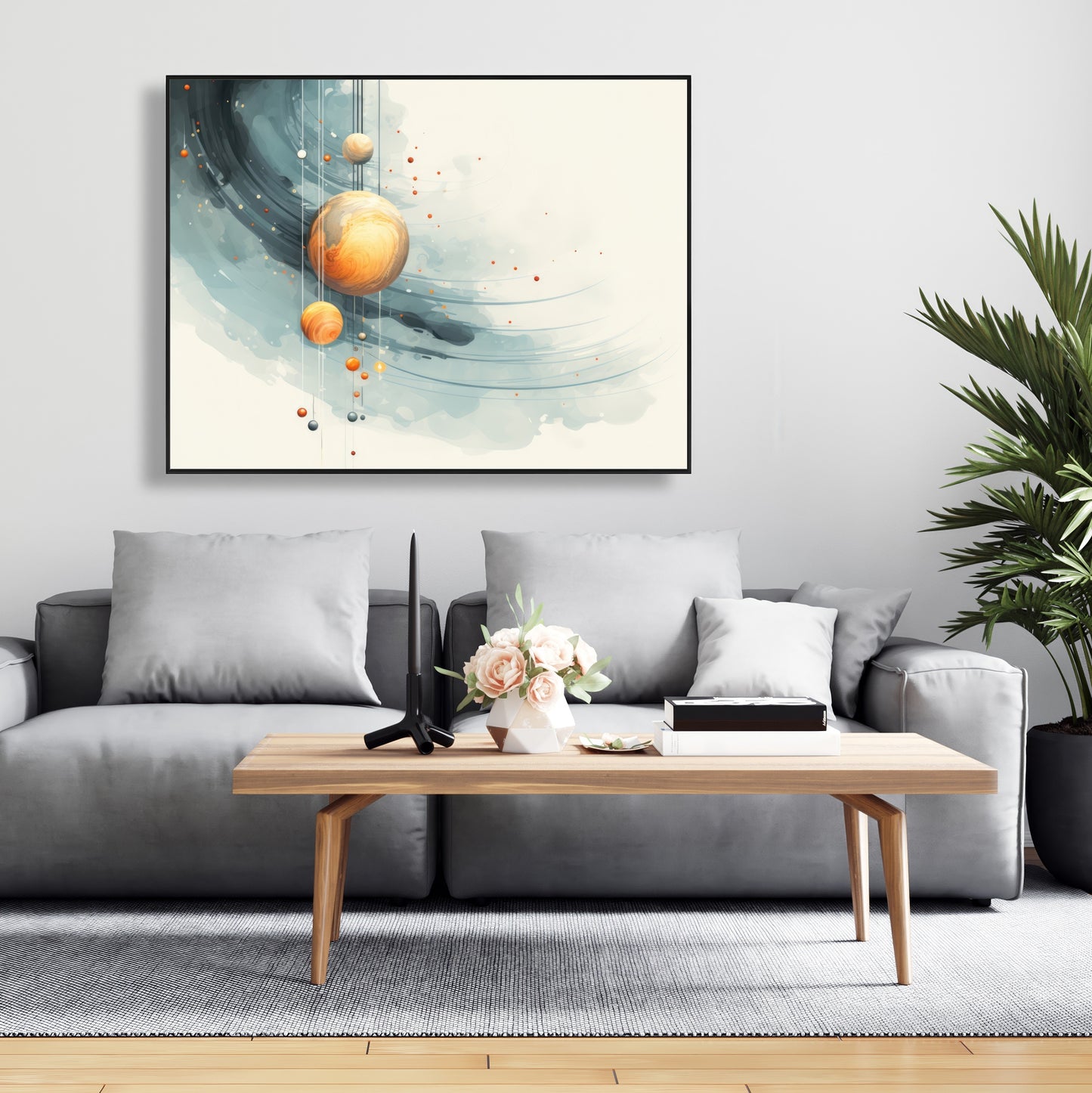 Hanging planets - Blue framed canvas for home decor