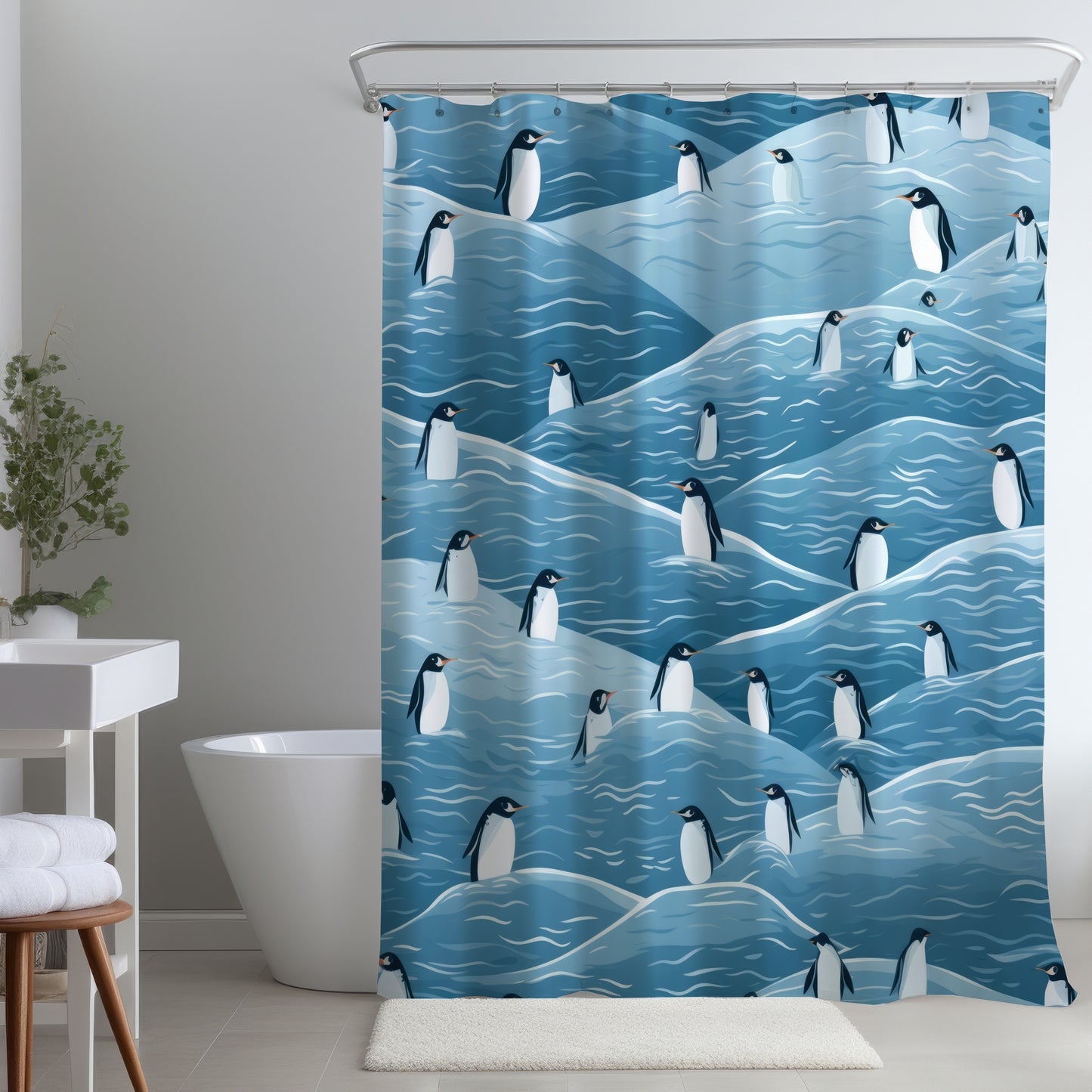 Penguins Wandering Blue Shower Curtain | Home Decor Accent