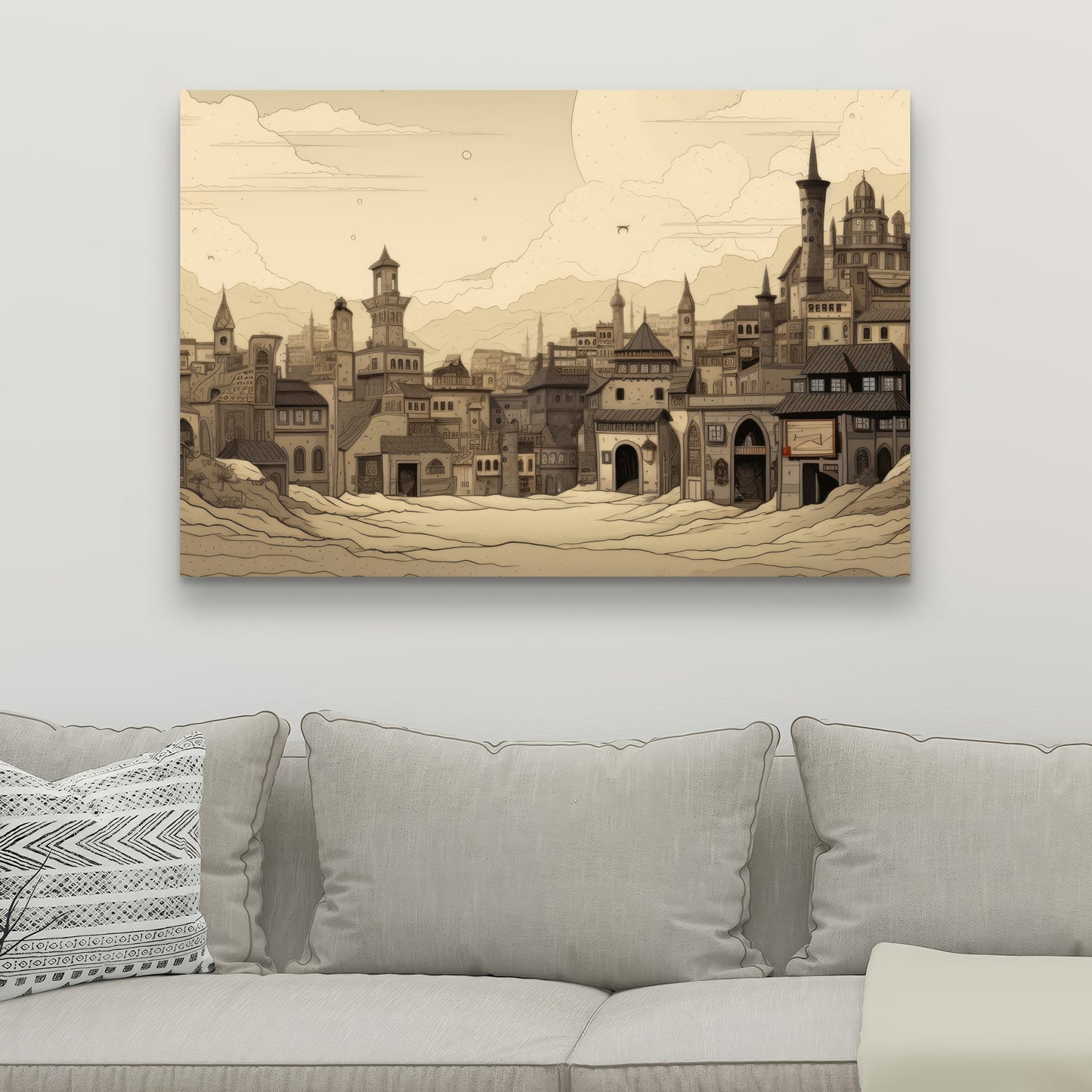 Desert Town Gray Canvas - Stylish Home Decor Artwork