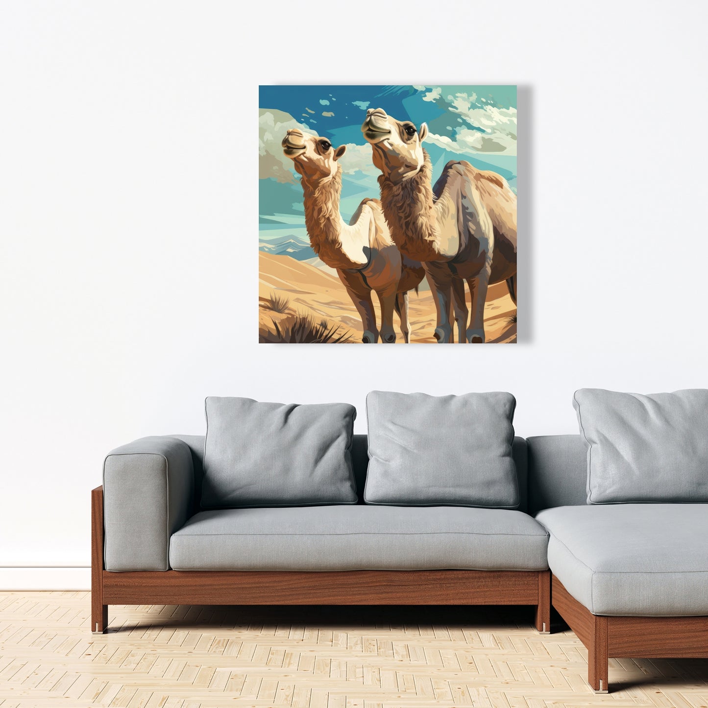 Camels Looking Up - Blue Canvas Art for Home Decor
