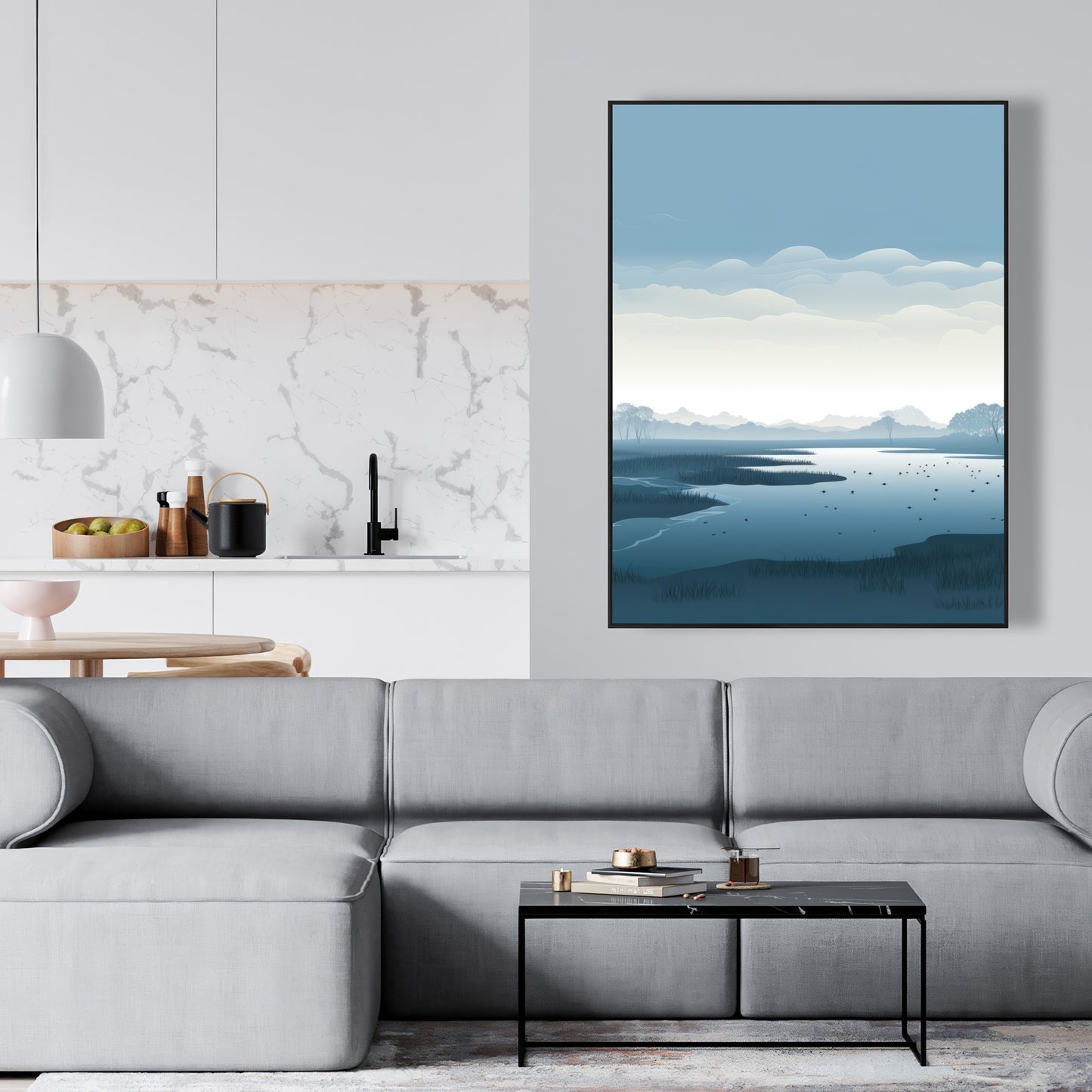 Minimalist Swamp - Blue Framed Canvas for Home Decor