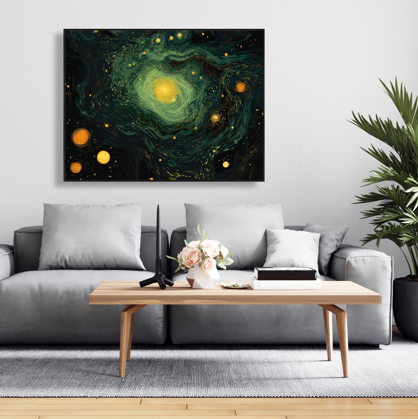 Illuminated in Space - Green Framed Canvas for Home Decor
