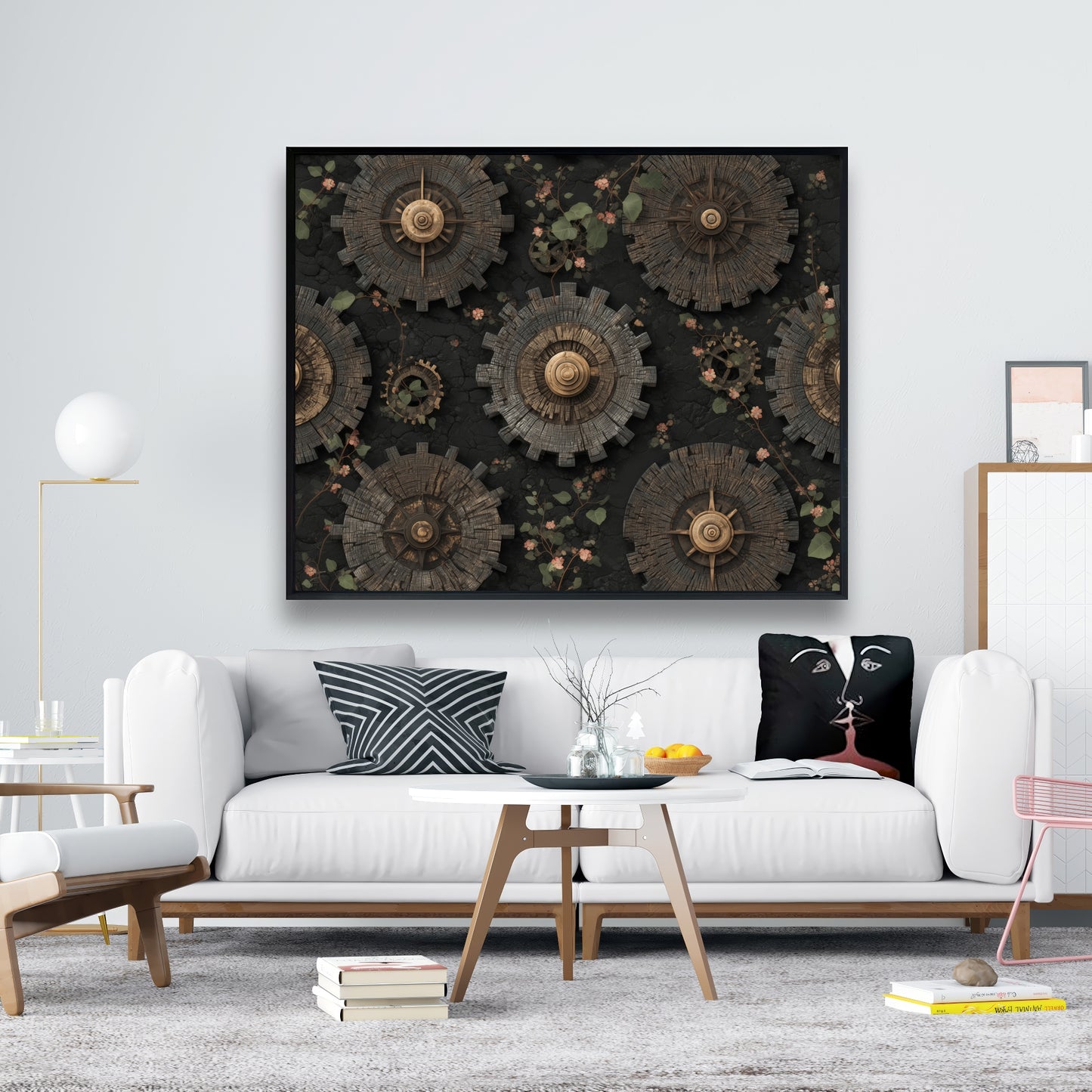 Cog Pattern - Green Framed Canvas for Home Decor | Unique Art