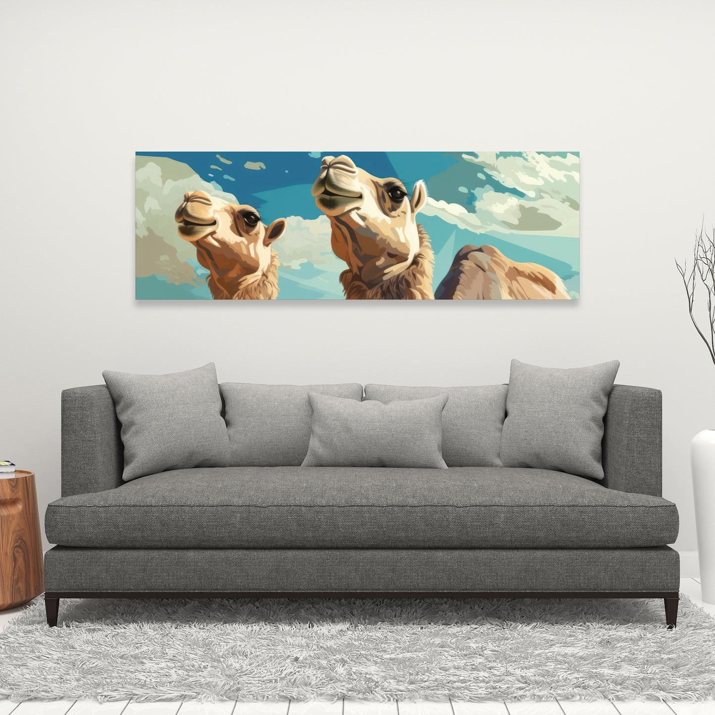 Camels Looking Up - Blue Canvas Art for Home Decor
