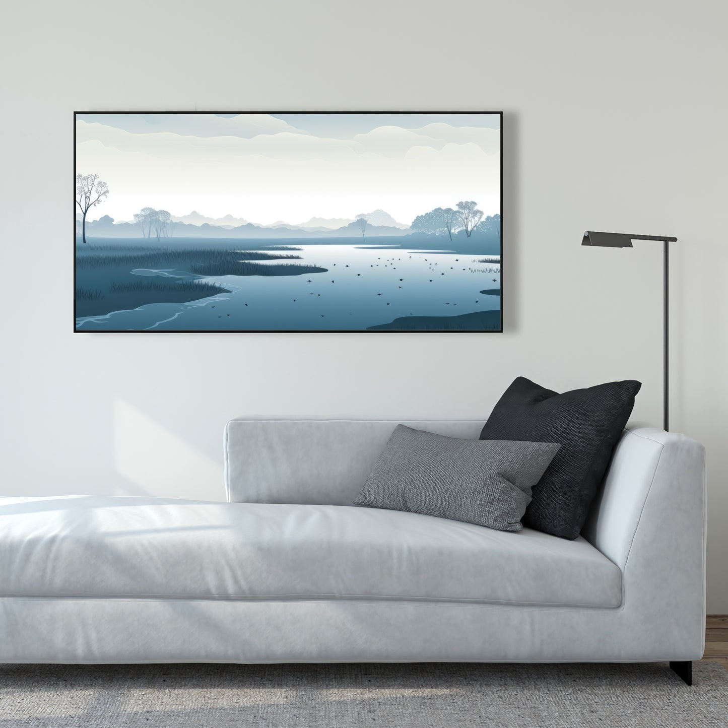 Minimalist Swamp - Blue Framed Canvas for Home Decor