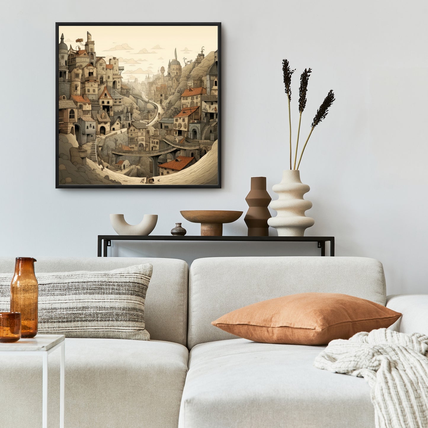 Intricate Town Hall - Orange Framed Canvas Home Decor