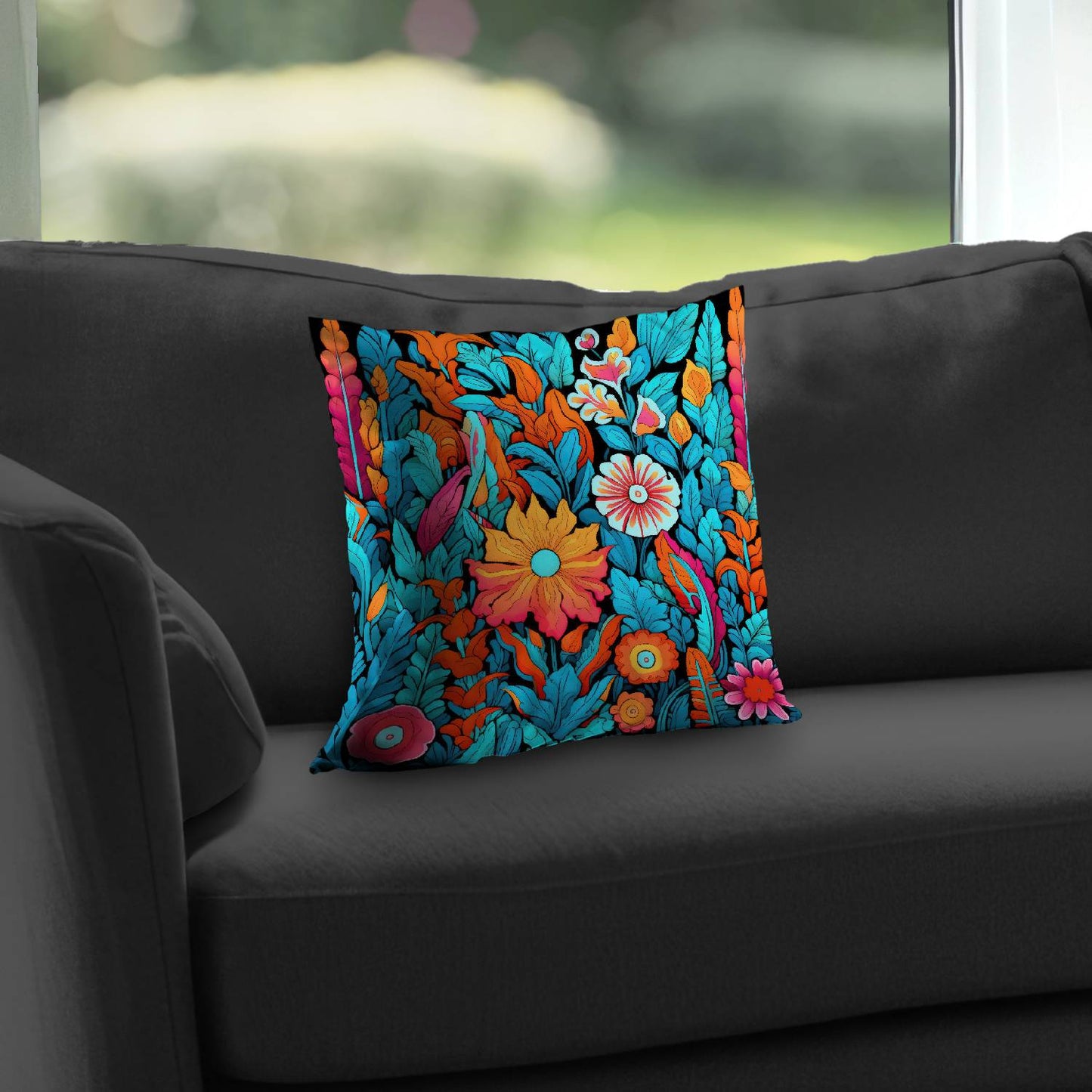 Floral Hues Black Poly Twill Throw Pillow - Home Decor Insert
