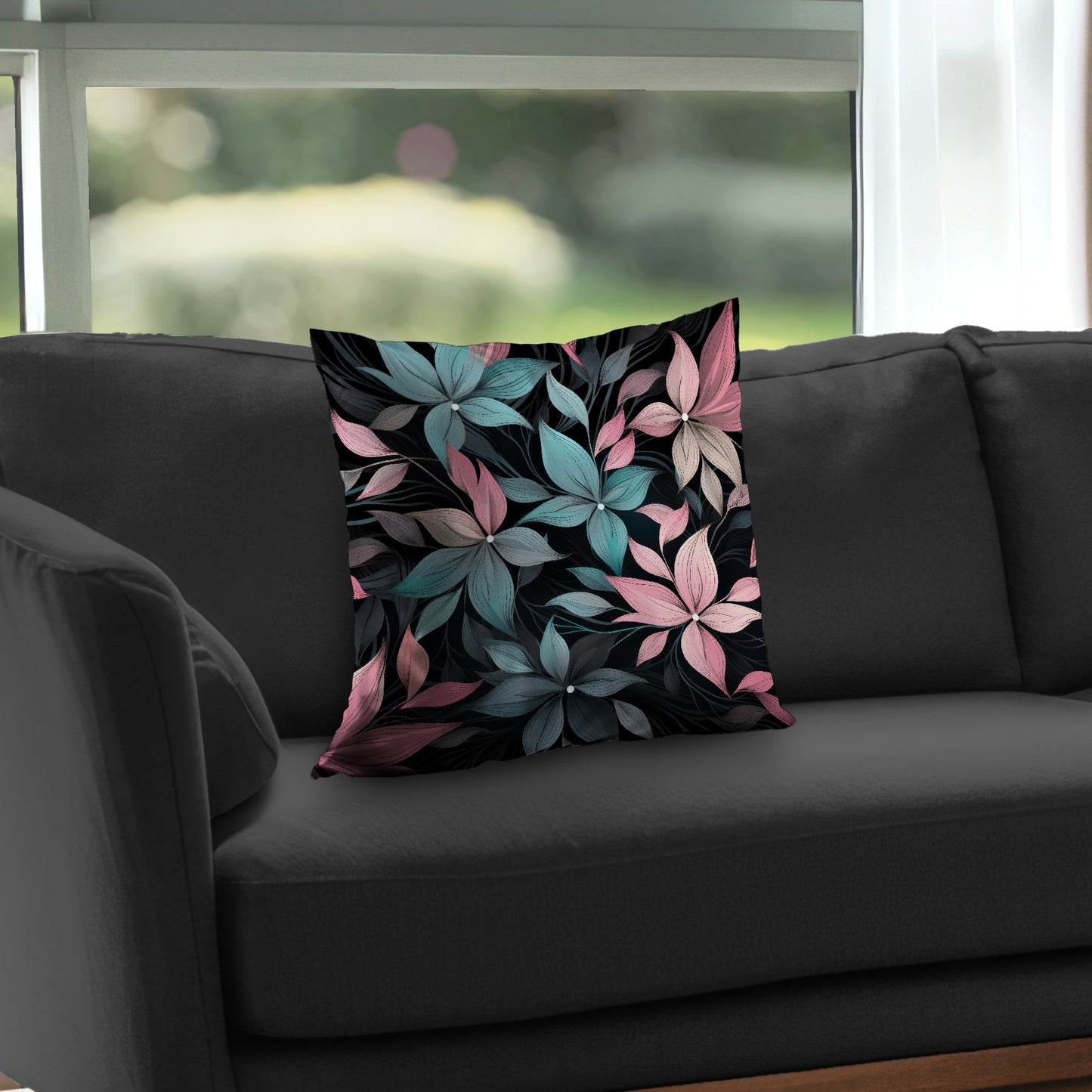 Desaturated Flowers Turquoise Poly Twill Throw Pillow | Home Decor
