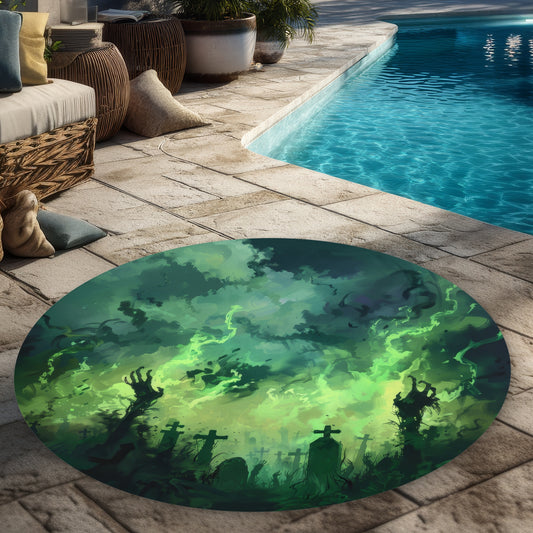 Tapis d'extérieur rond noir Reaching Hell | Décoration intérieure