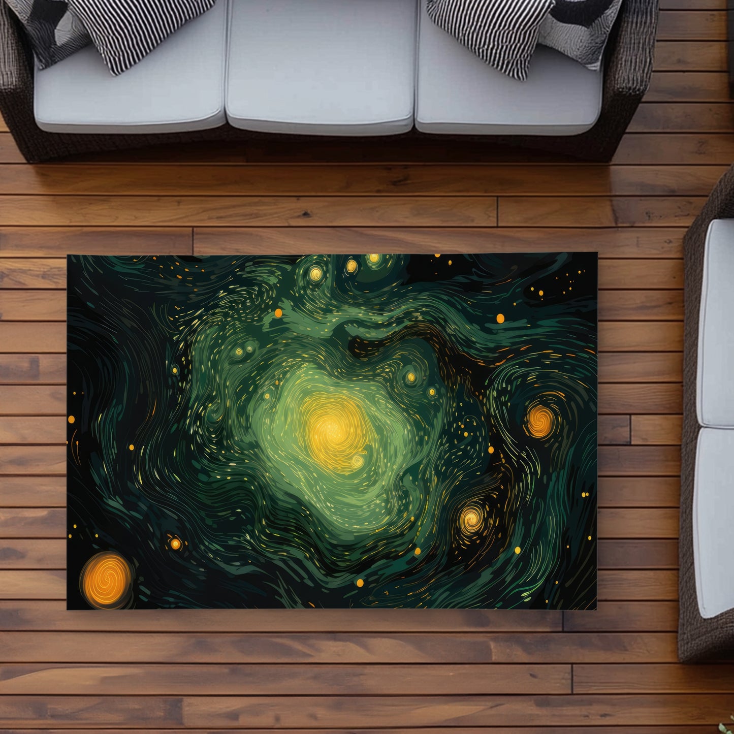 Illuminated in Space - Green Outdoor Area Rug for Home Decor