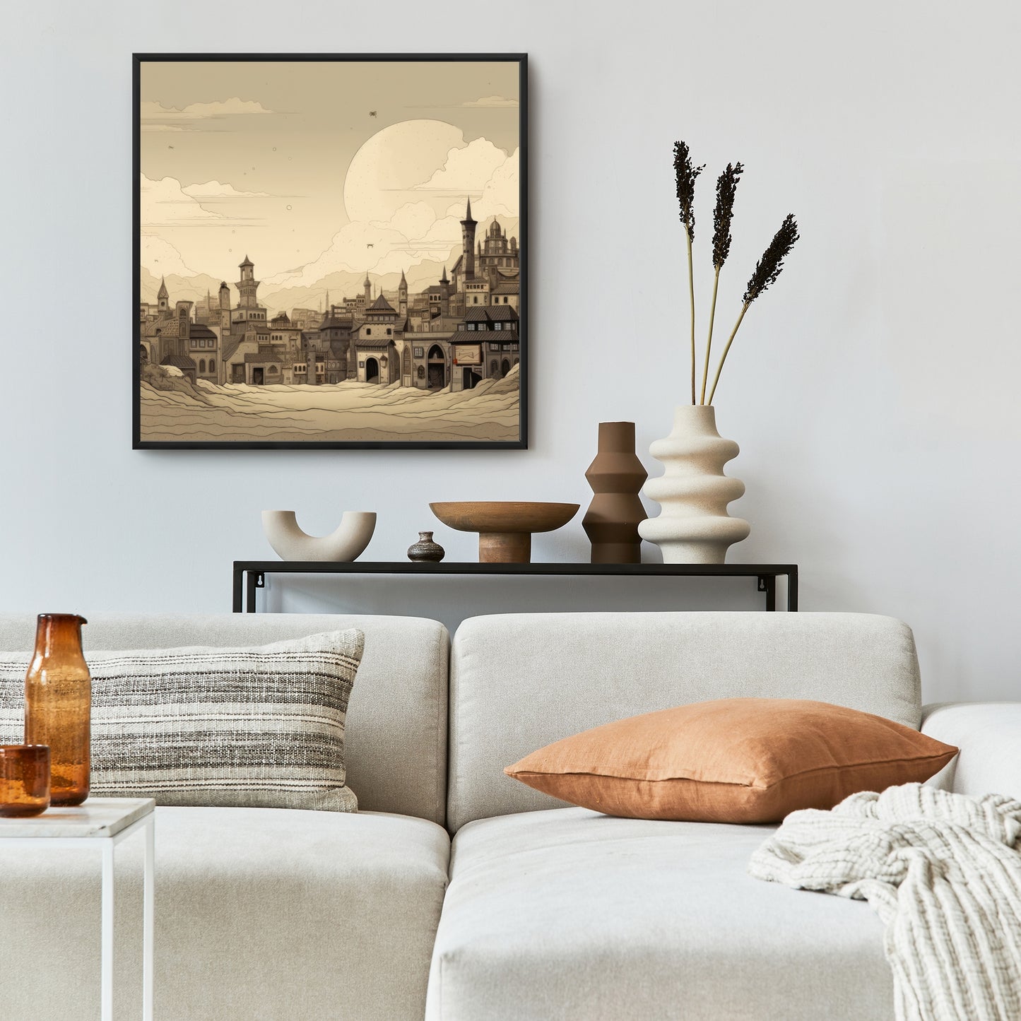 Desert Town - White Framed Canvas for Home Decor | Elegant Art