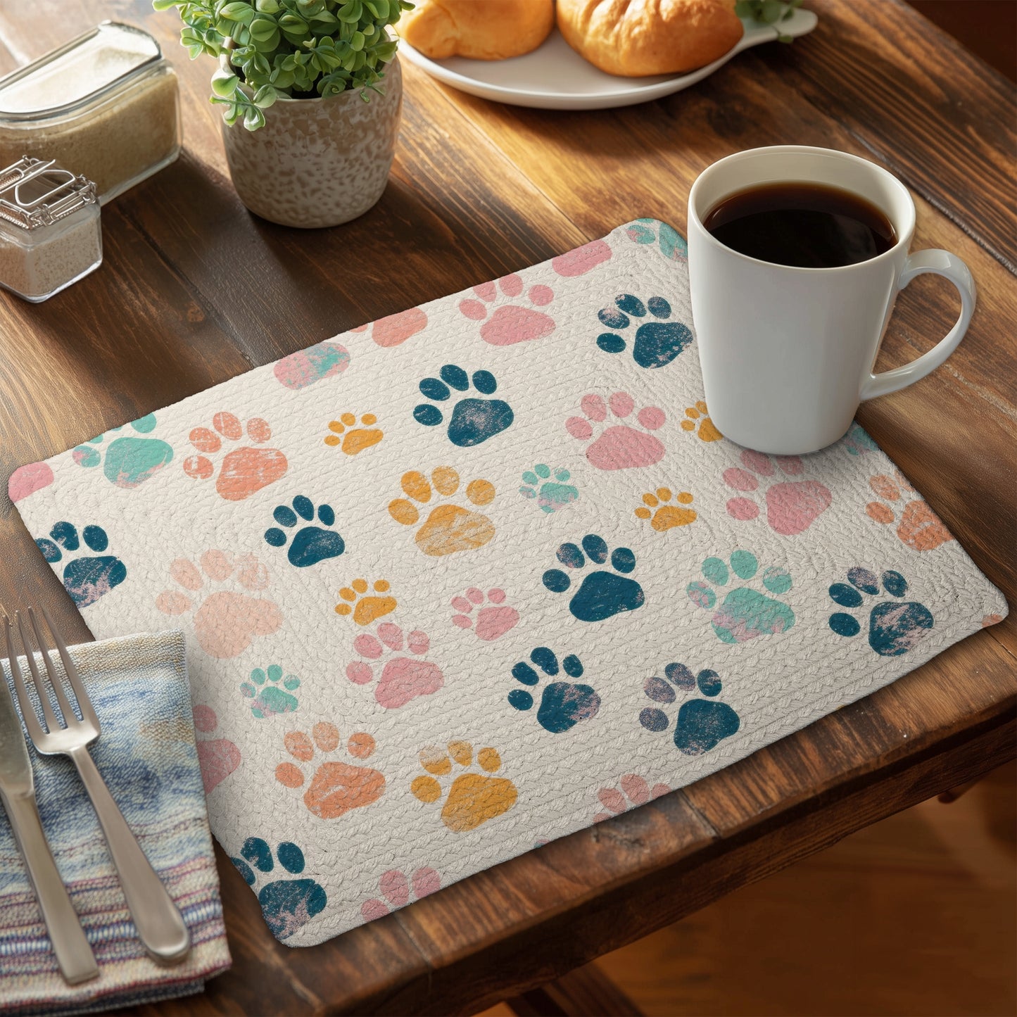 Cute paws Pink Braided Polyester Placemats for Home Decor