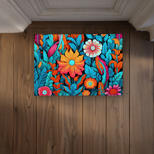Floral Hues Turquoise Indoor Outdoor Door Mat - Home Decor