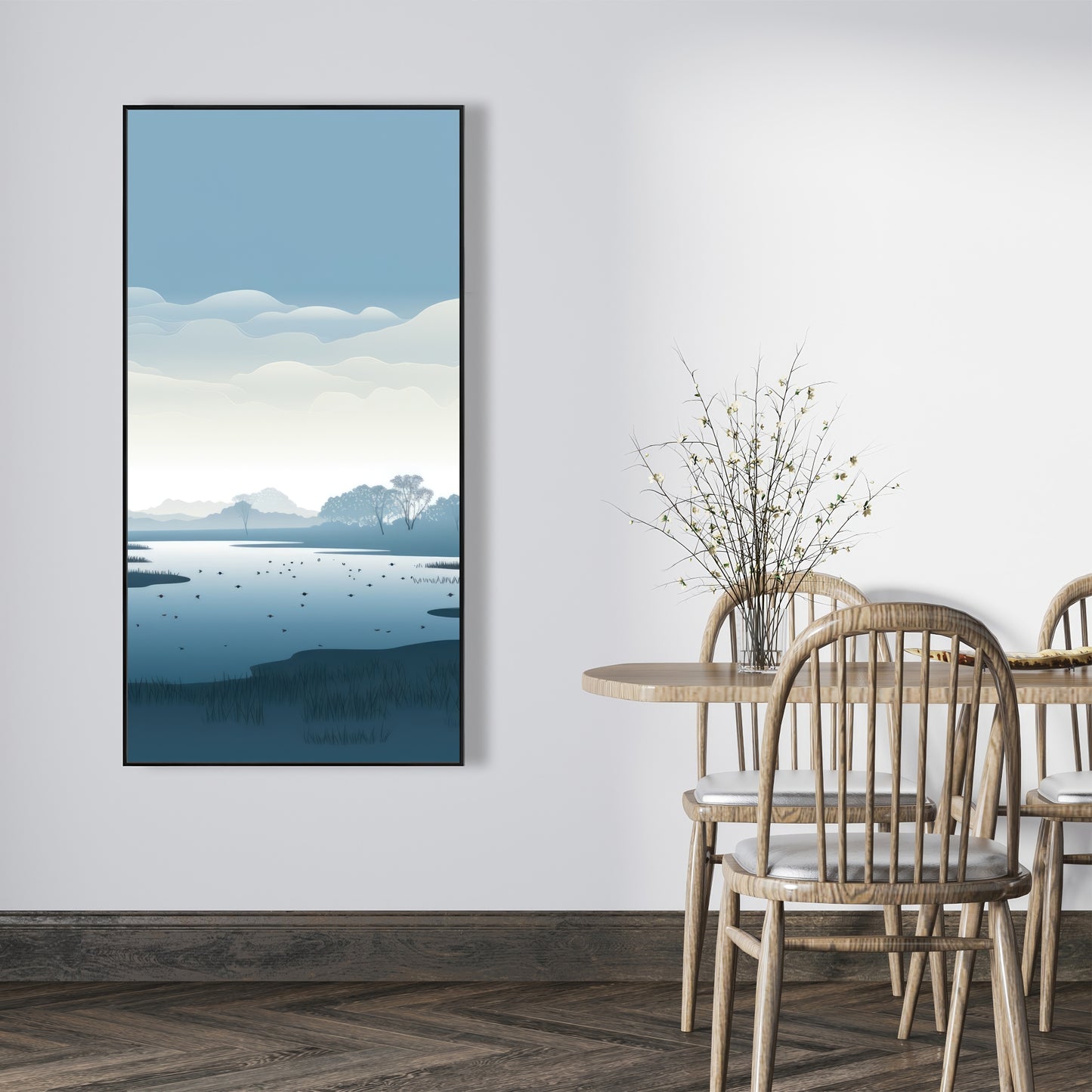 Minimalist Swamp - Blue Framed Canvas for Home Decor