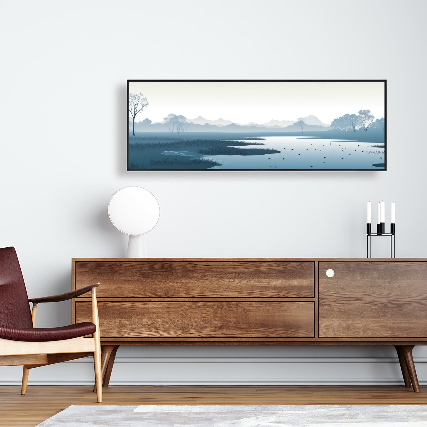 Minimalist Swamp - Blue Framed Canvas for Home Decor