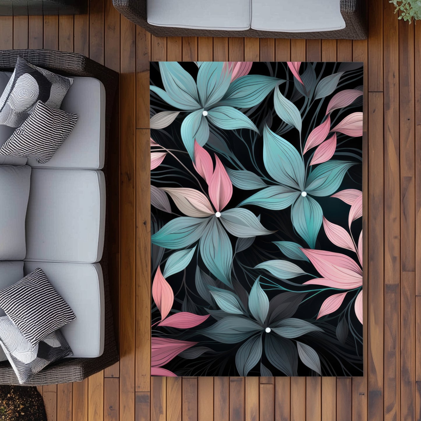 Desaturated Flowers Black Outdoor Area Rug - Home Decor