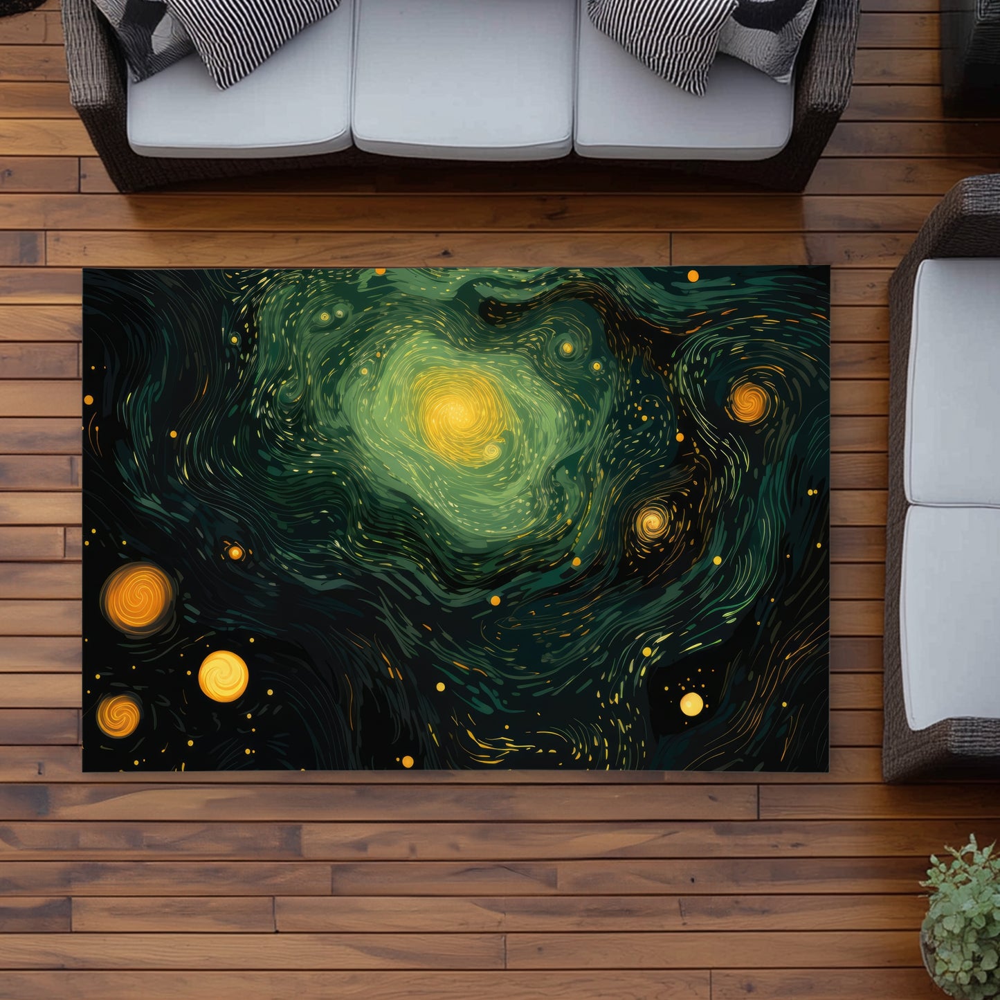 Illuminated in Space - Green Outdoor Area Rug for Home Decor