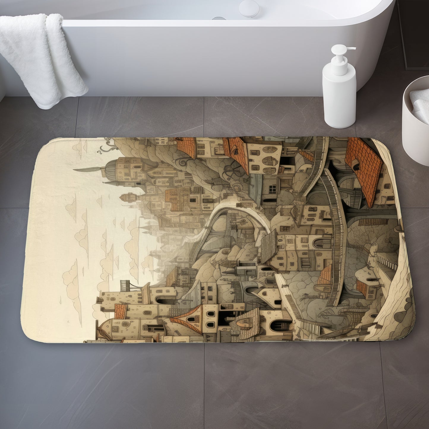 Intricate Town Hall Beige Bath Mat | Elegant Home Decor