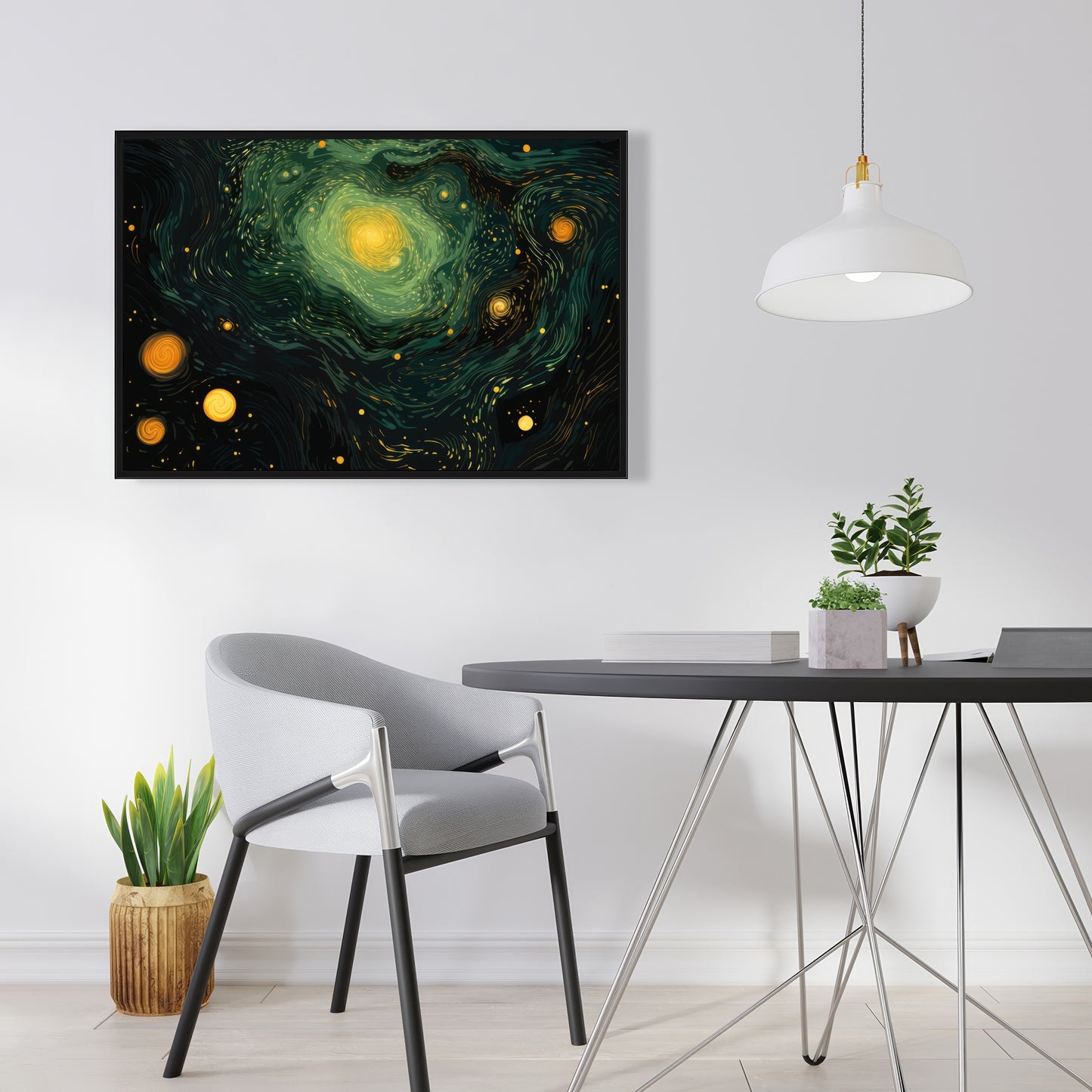 Illuminated in Space - Green Framed Canvas for Home Decor