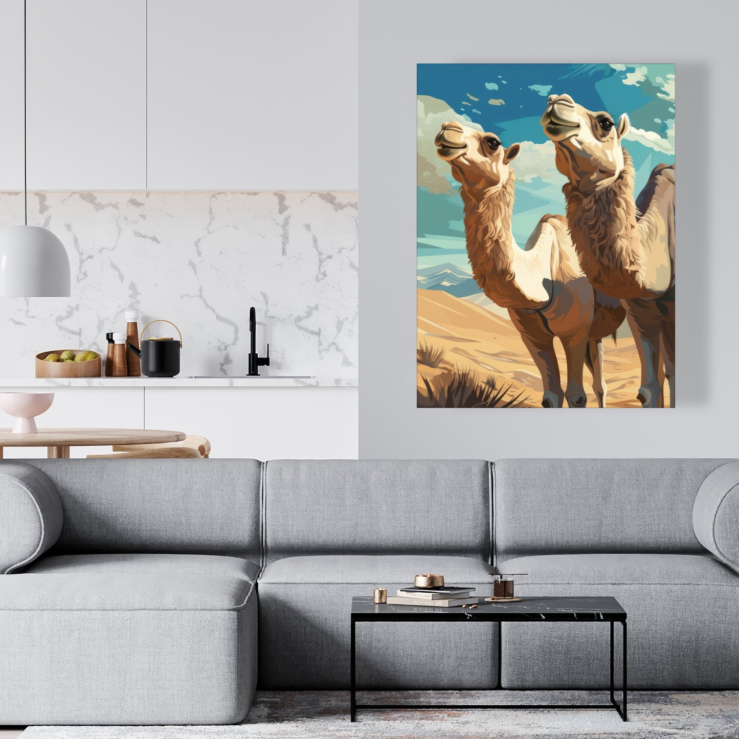 Camels Looking Up - Blue Canvas Art for Home Decor