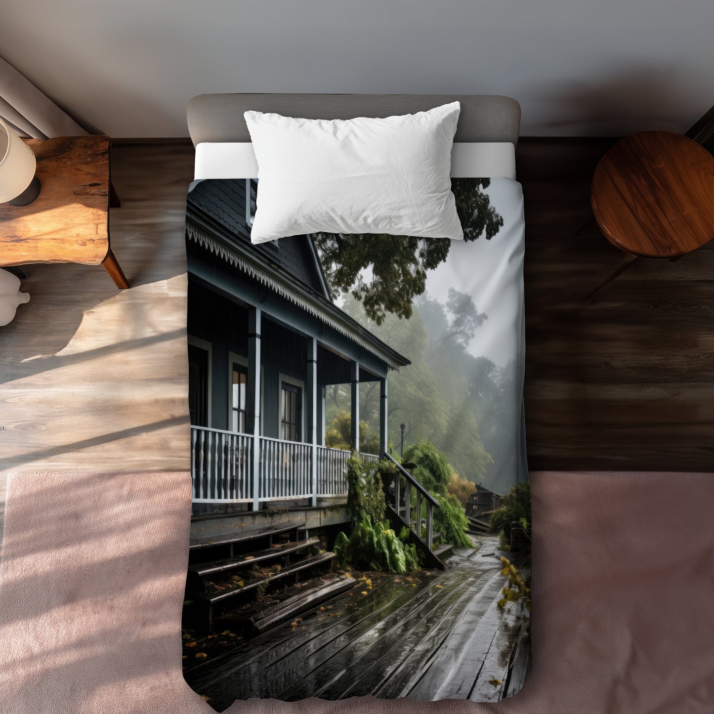 Rainy Porch White Duvet Cover - Elegant Home Decor Masterpiece