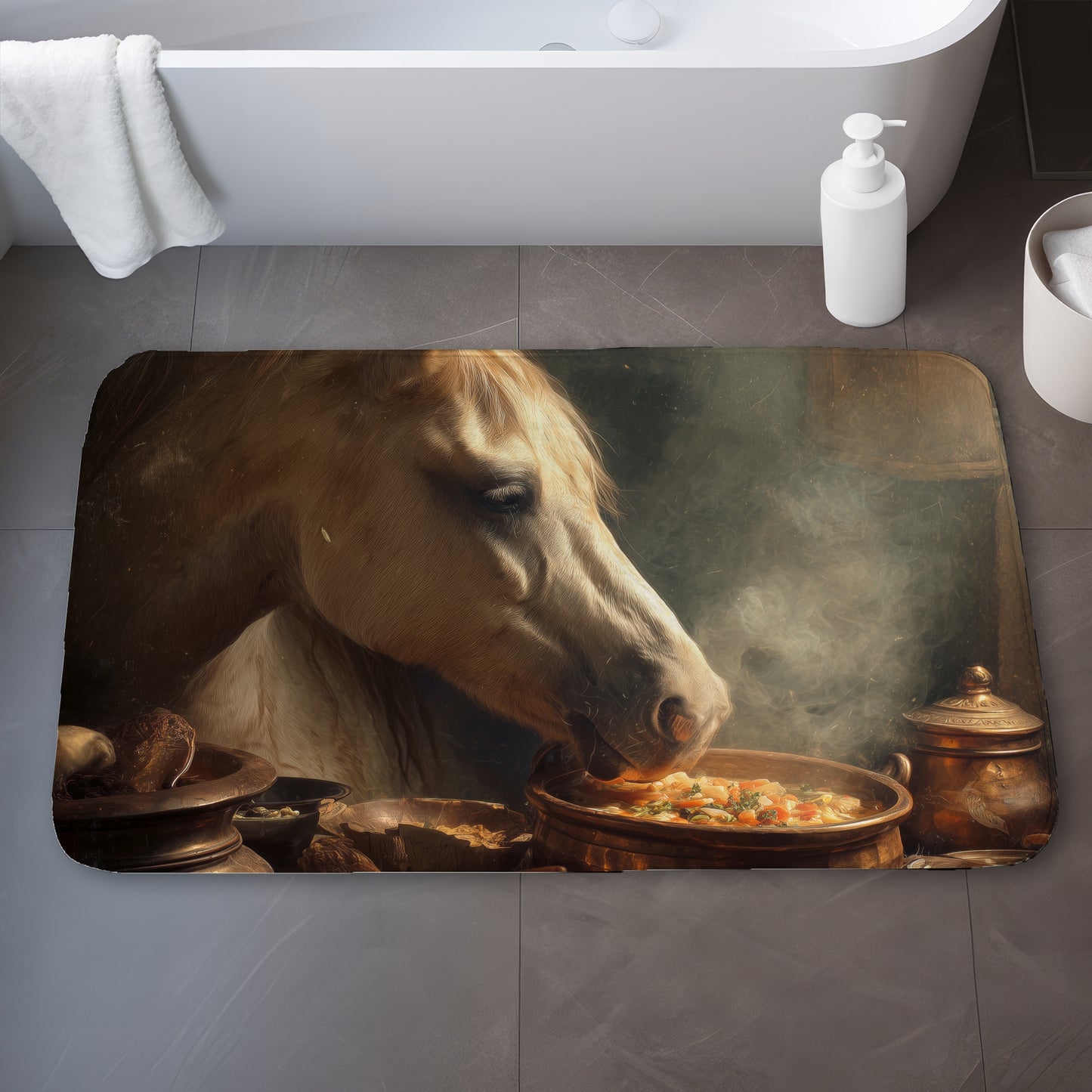 Horse on Soup White Bath Mat | Stylish Home Decor Accent