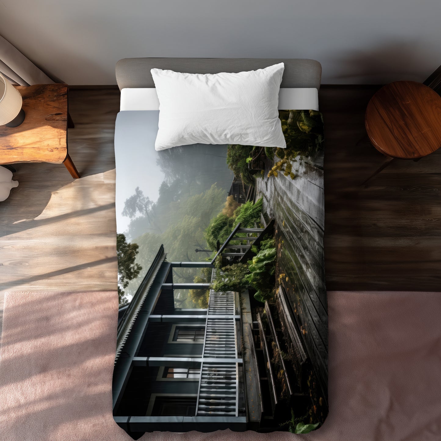 Rainy Porch White Duvet Cover - Elegant Home Decor Masterpiece