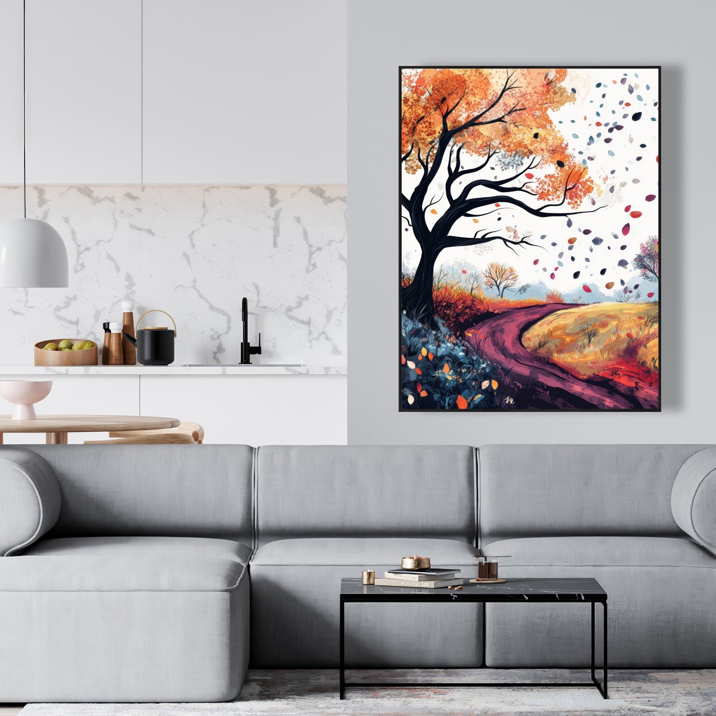 Blowing Leaves - Blue Framed Canvas for Home Decor