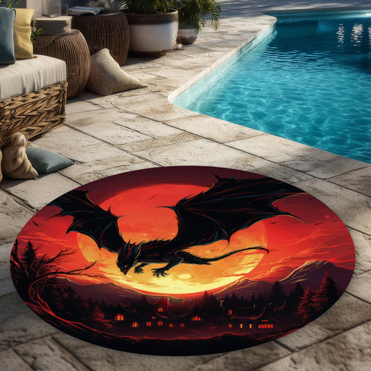The dragon's wrath - Black 5' Round Outdoor Area Rug | Decor