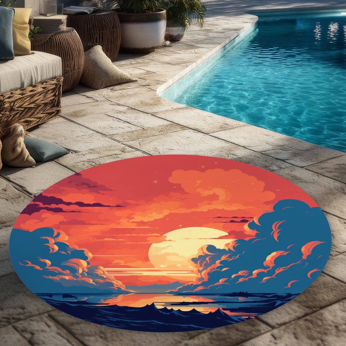Orange and Blue Round Outdoor Area Rug for Home Decor