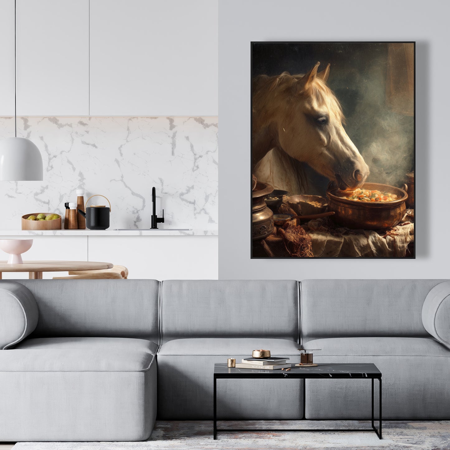 Horse on soup - 24"x24" Framed canvas