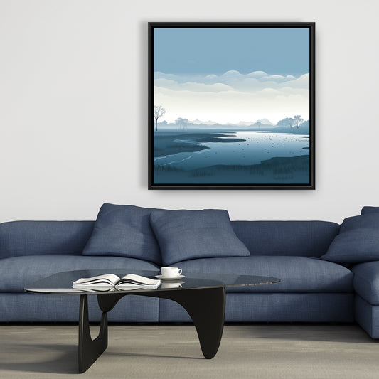 Minimalist Swamp - Blue Framed Canvas for Home Decor