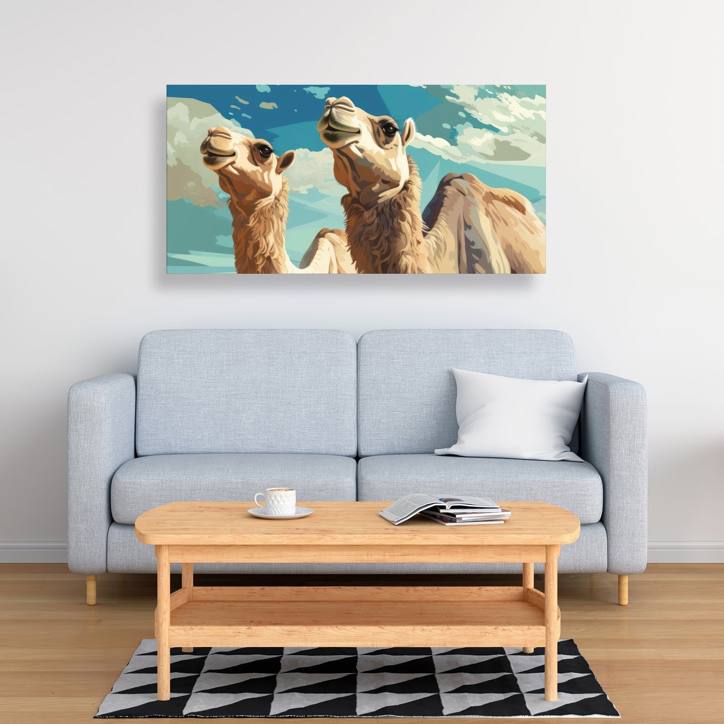 Camels Looking Up - Blue Canvas Art for Home Decor