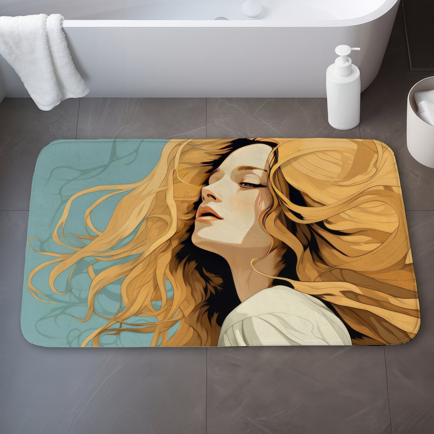 Flowing Hair Turquoise Bath Mat - Stylish Home Decor Accent
