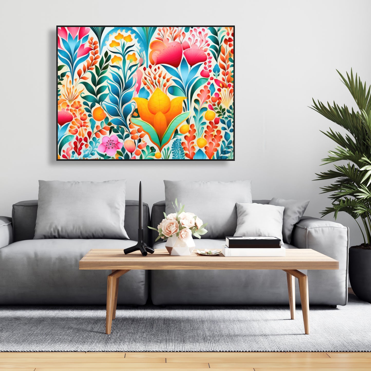Flowing Flowers - Orange Framed Canvas for Home Decor