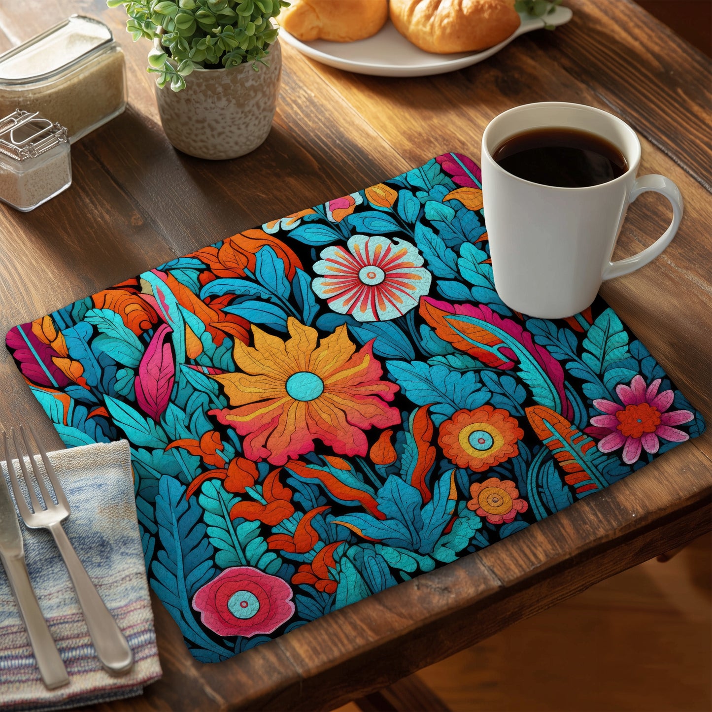 Floral Hues - Black Braided Polyester Placemat for Home Decor