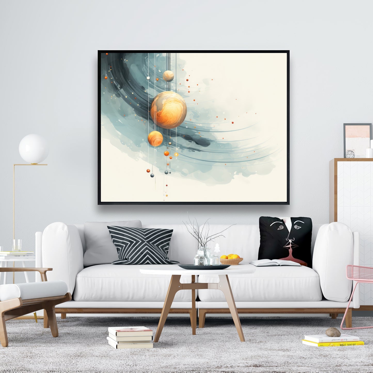 Hanging planets - Blue framed canvas for home decor