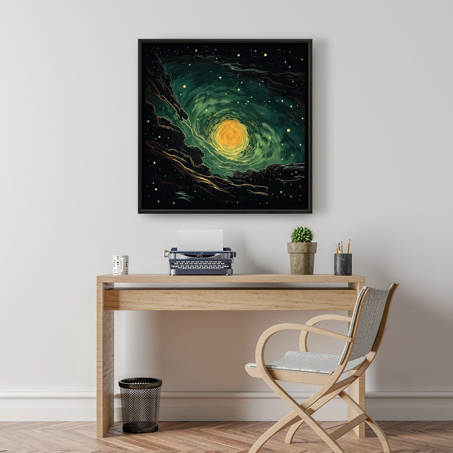 Turmoil in Space - Green Framed Canvas for Home Decor