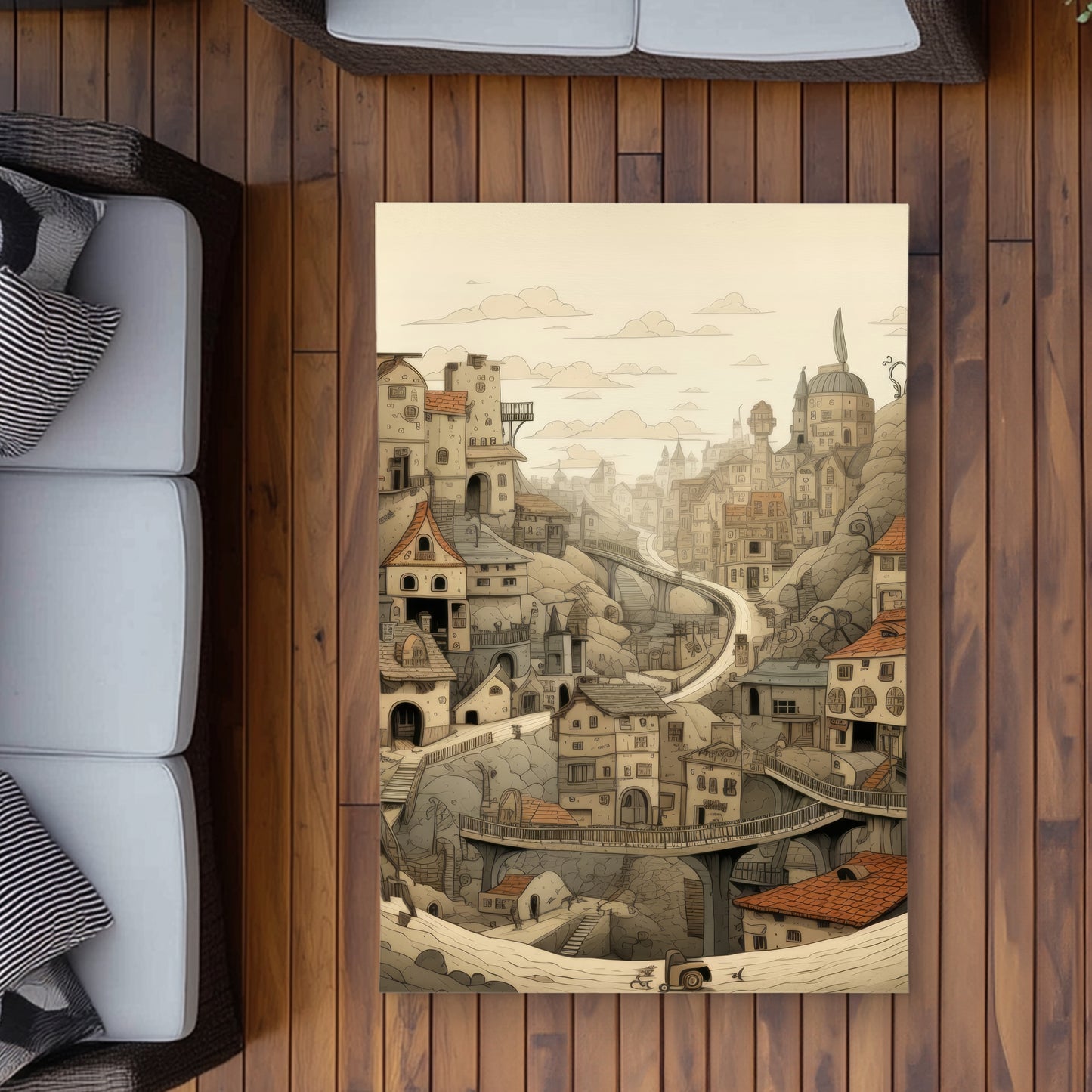 Intricate Town Hall Beige Outdoor Area Rug for Home Decor