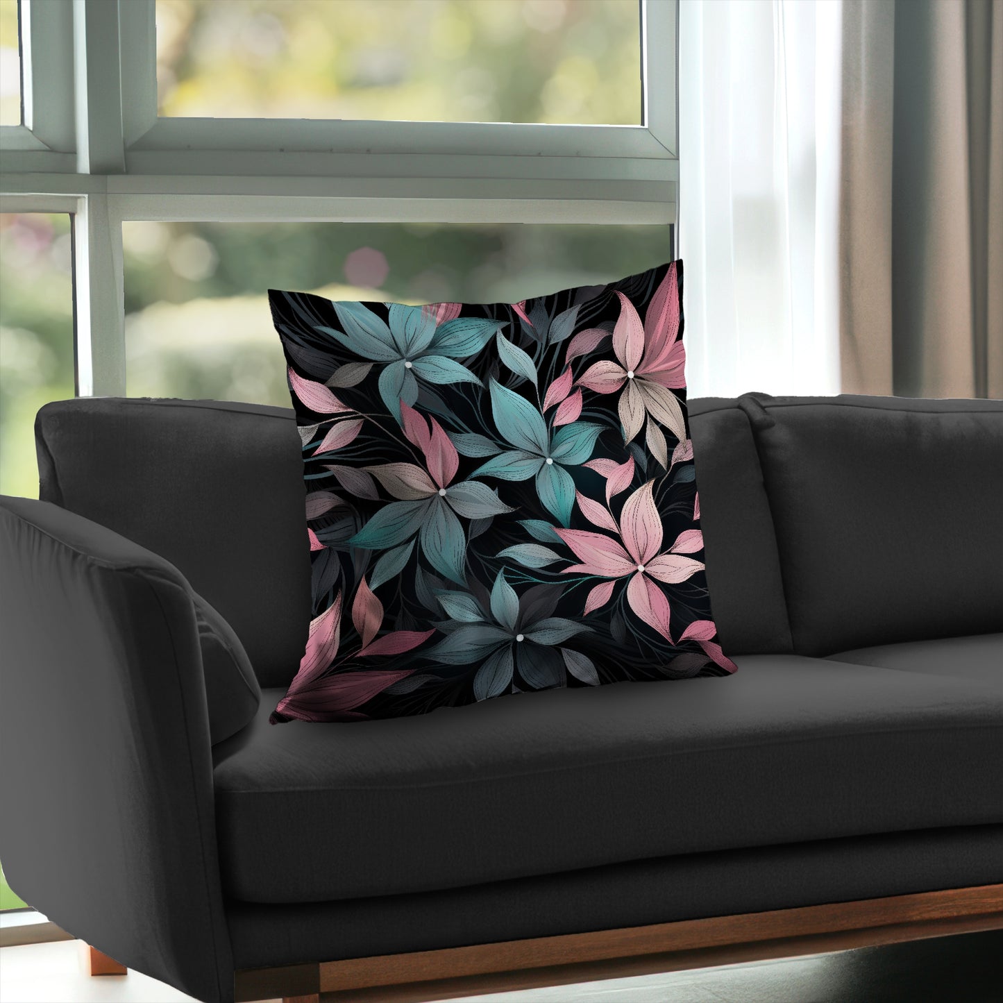 Desaturated Flowers Turquoise Poly Twill Throw Pillow | Home Decor