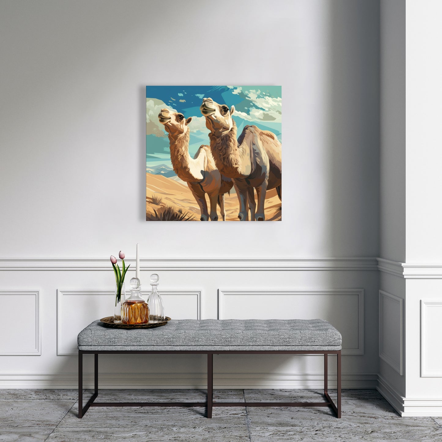 Camels Looking Up - Blue Canvas Art for Home Decor