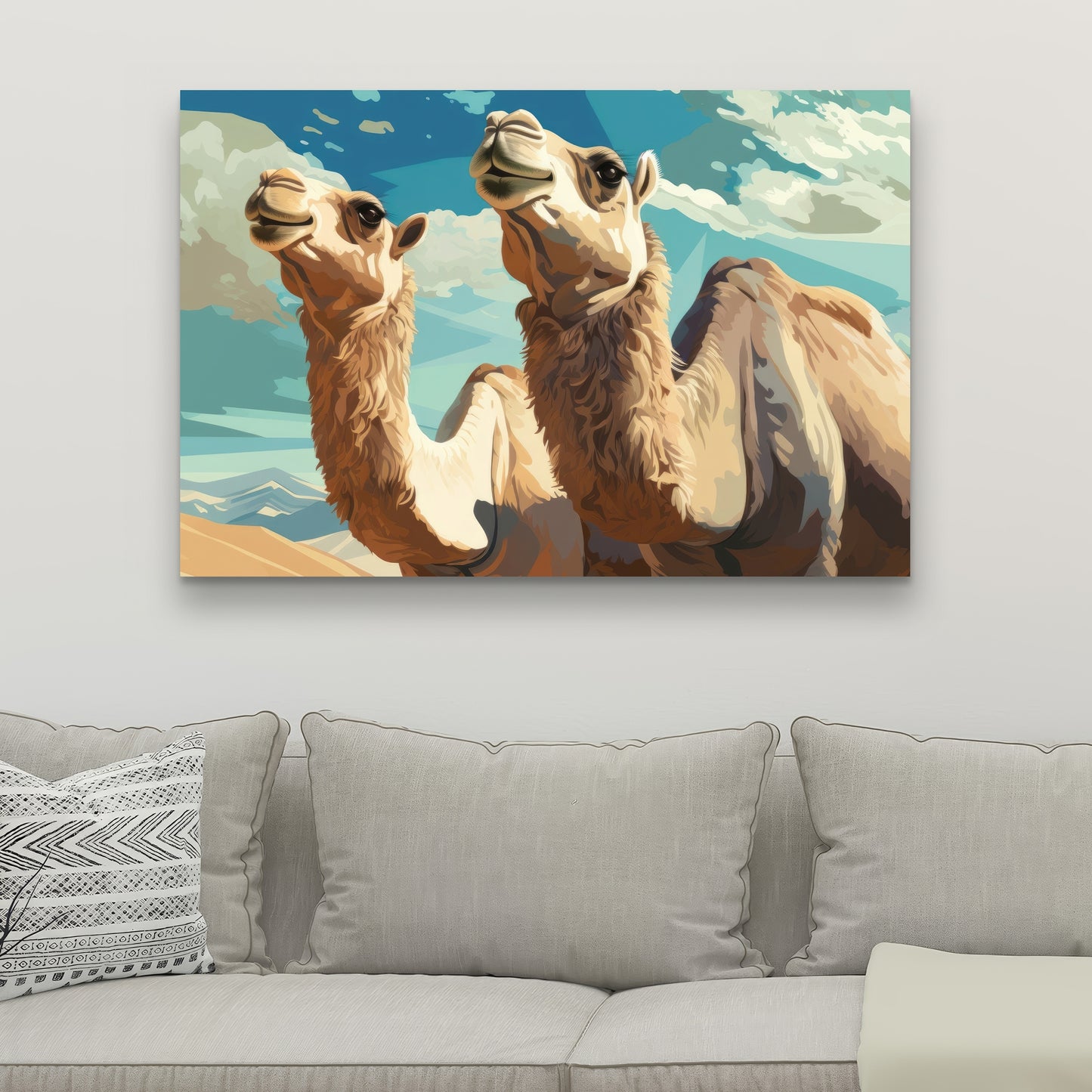 Camels Looking Up - Blue Canvas Art for Home Decor