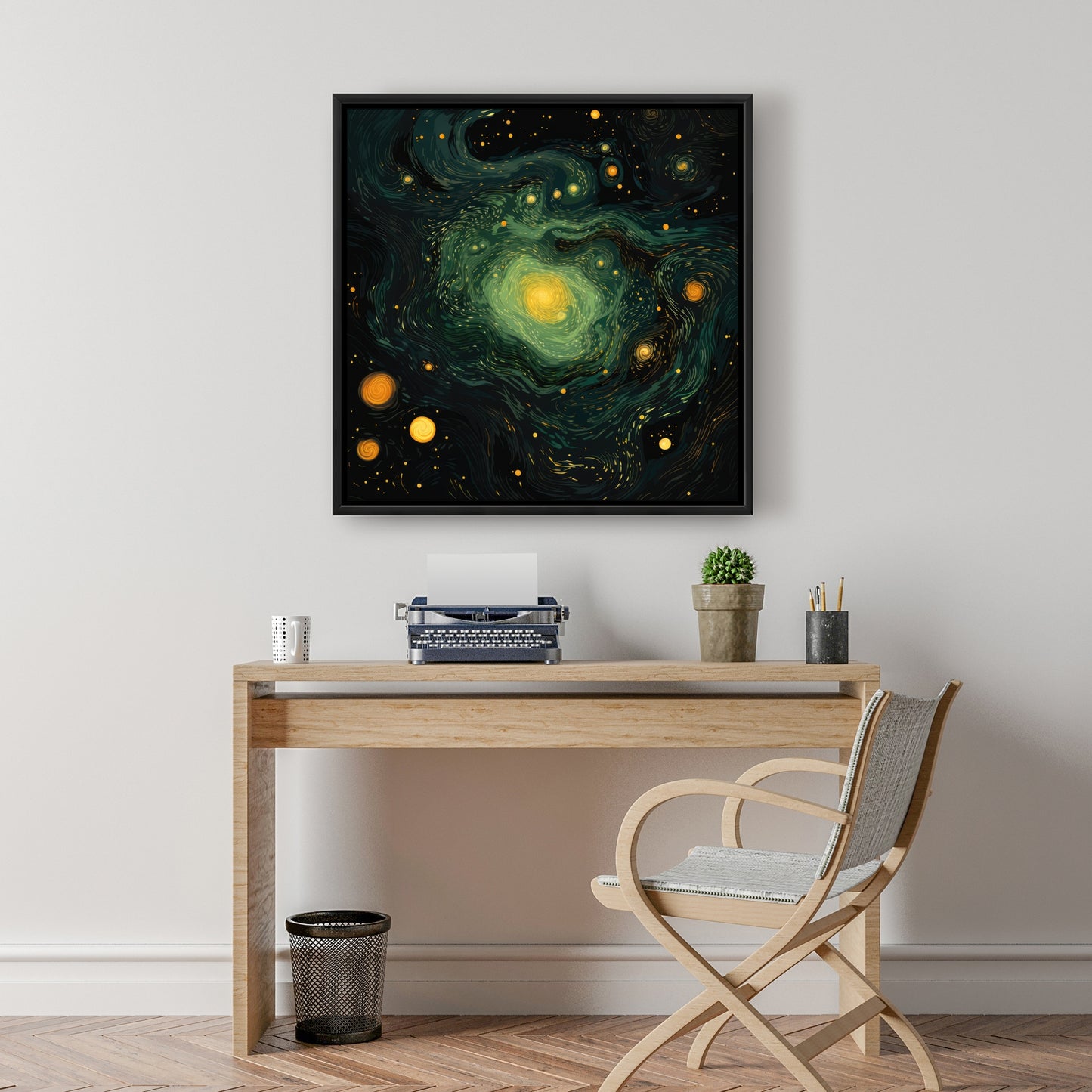 Illuminated in Space - Green Framed Canvas for Home Decor