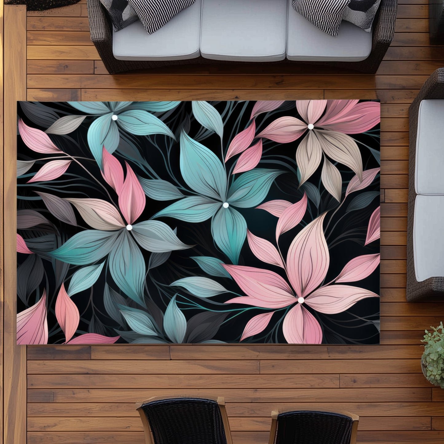 Desaturated Flowers Black Outdoor Area Rug - Home Decor