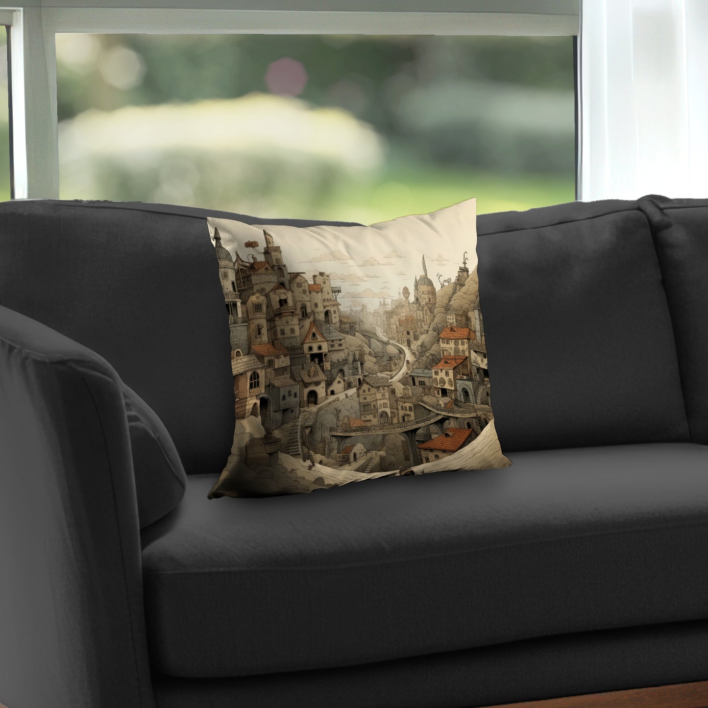 Intricate town hall Orange poly twill throw pillow | Home decor