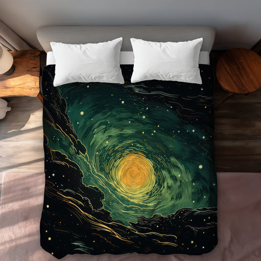 Turmoil in Space Green Duvet Cover | Home Decor Essential