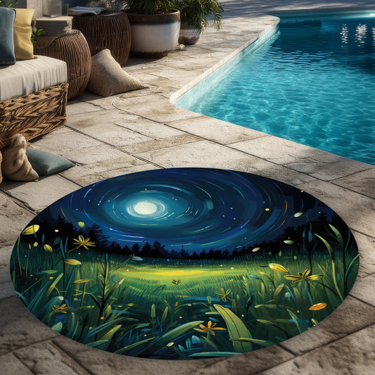 Between Grass Blades - Blue Round Outdoor Area Rug for Decor