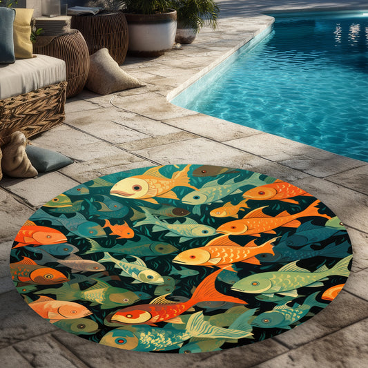 Simple fishes Orange 5' Round Outdoor Area Rug for Home Decor