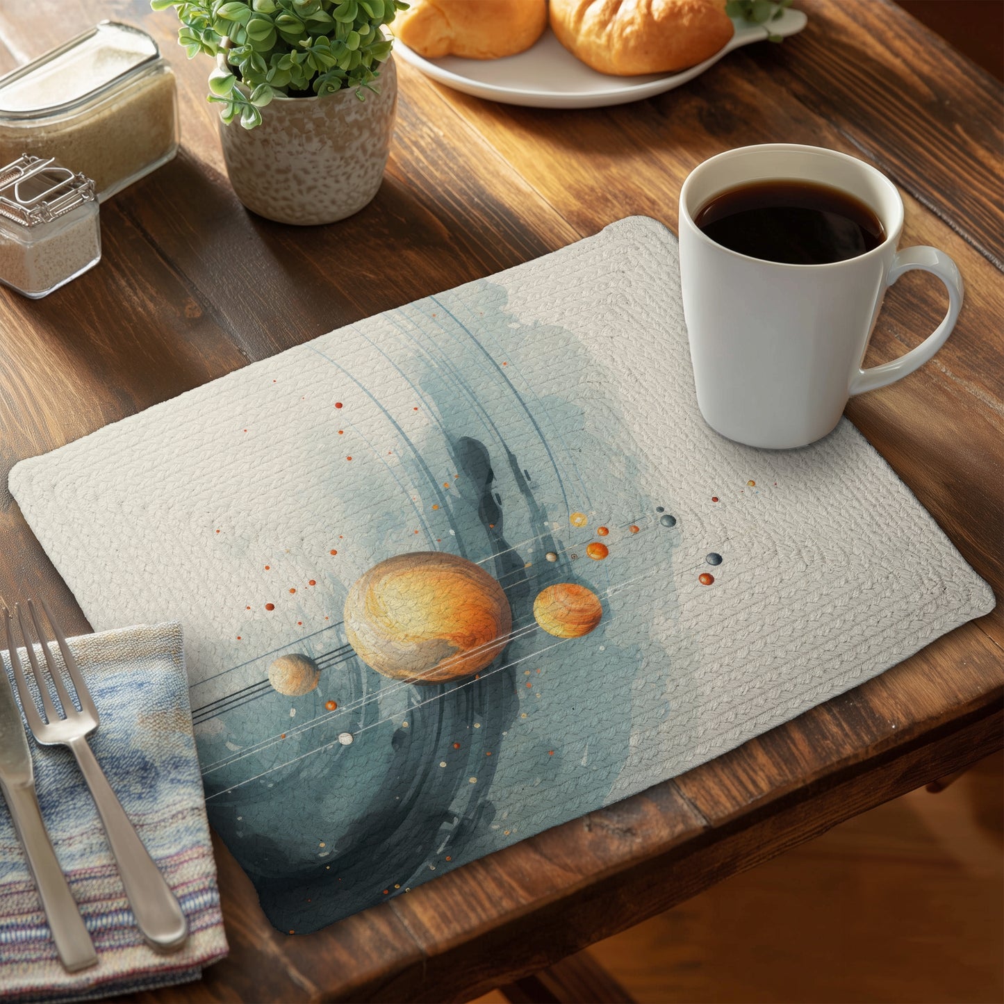 Hanging Planets Orange Braided Polyester Placemat | Home Decor